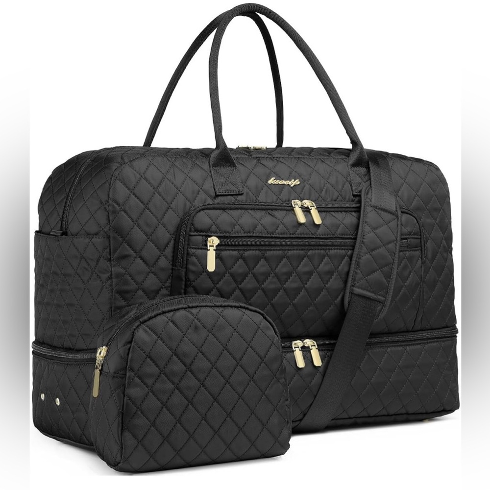 Black Quilted Travel Bag Set Large